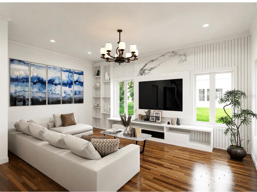 This is a rendering of a modern living room featuring a white sectional and television — 1550 21ST STREET S, ST PETERSBURG, FL
