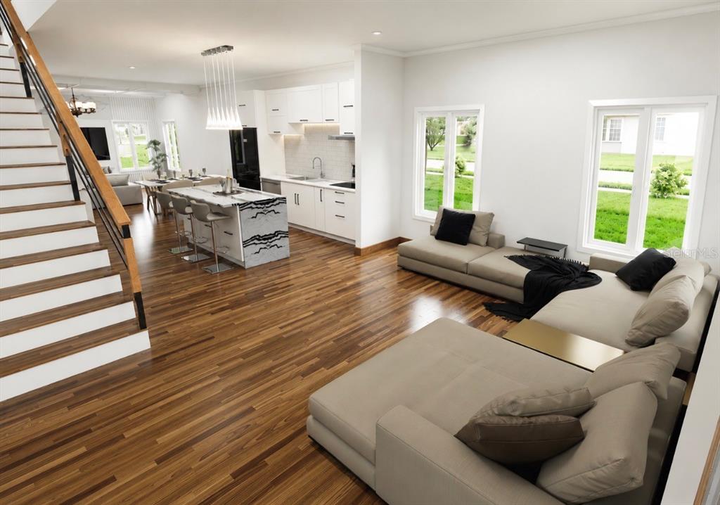 This is a rendering of an open-concept living room and kitchen with hardwood floors — 1550 21ST STREET S, ST PETERSBURG, FL