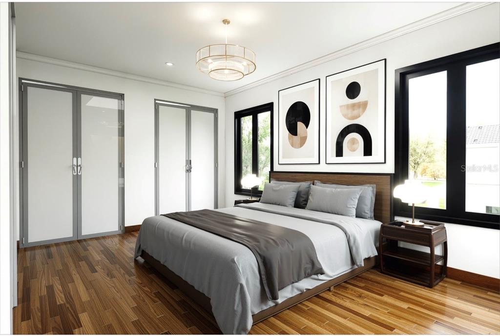 This is a digital rendering of a modern bedroom with wood flooring and two framed artworks — 1550 21ST STREET S, ST PETERSBURG, FL