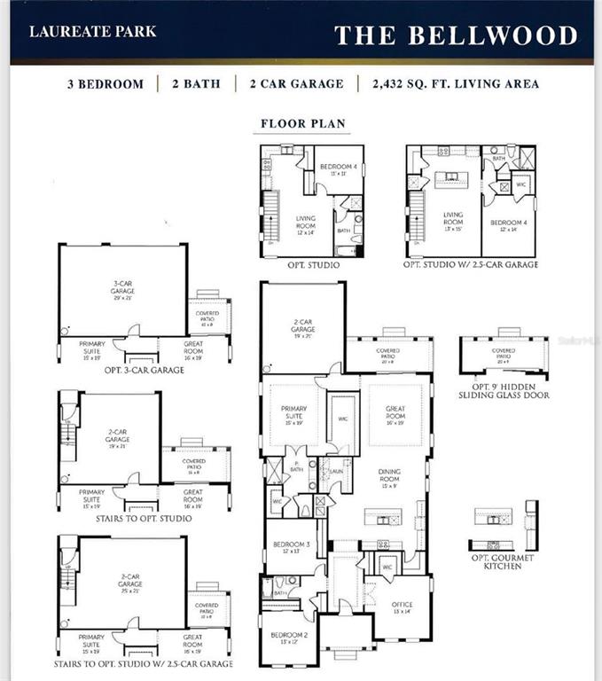 This floor plan shows the layout and various configuration options for a three-bedroom residential home — 10078 DULBECCO STREET, ORLANDO, FL