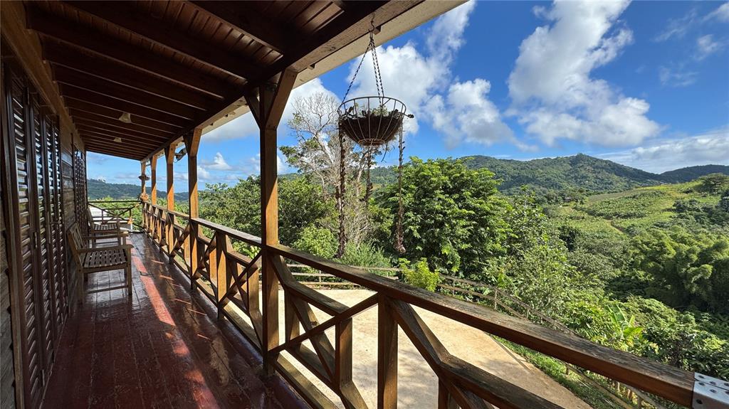 A wooden porch with a railing overlooks a lush, mountainous landscape under a blue sky — SR 526 BOSQUE TANAMA, ADJUNTAS, PR