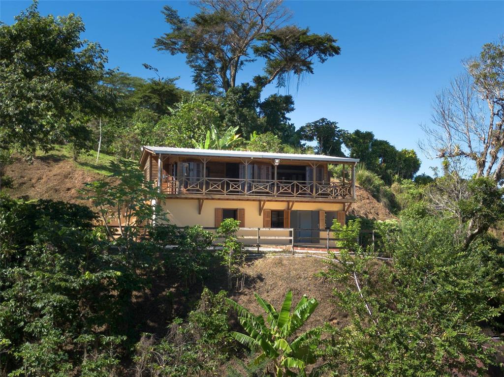 A two-story house with a wooden balcony sits on a hillside surrounded by lush trees — SR 526 BOSQUE TANAMA, ADJUNTAS, PR