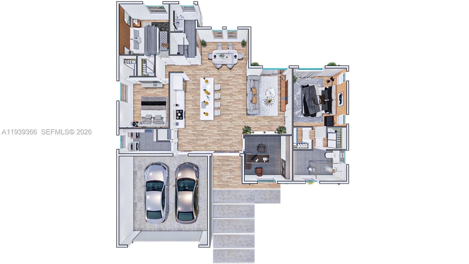 This is a 3D floor plan rendering of a single-story house with a two-car garage — 2615 W 25, Lehigh Acres FL 33971, LEHIGH ACRES, FL