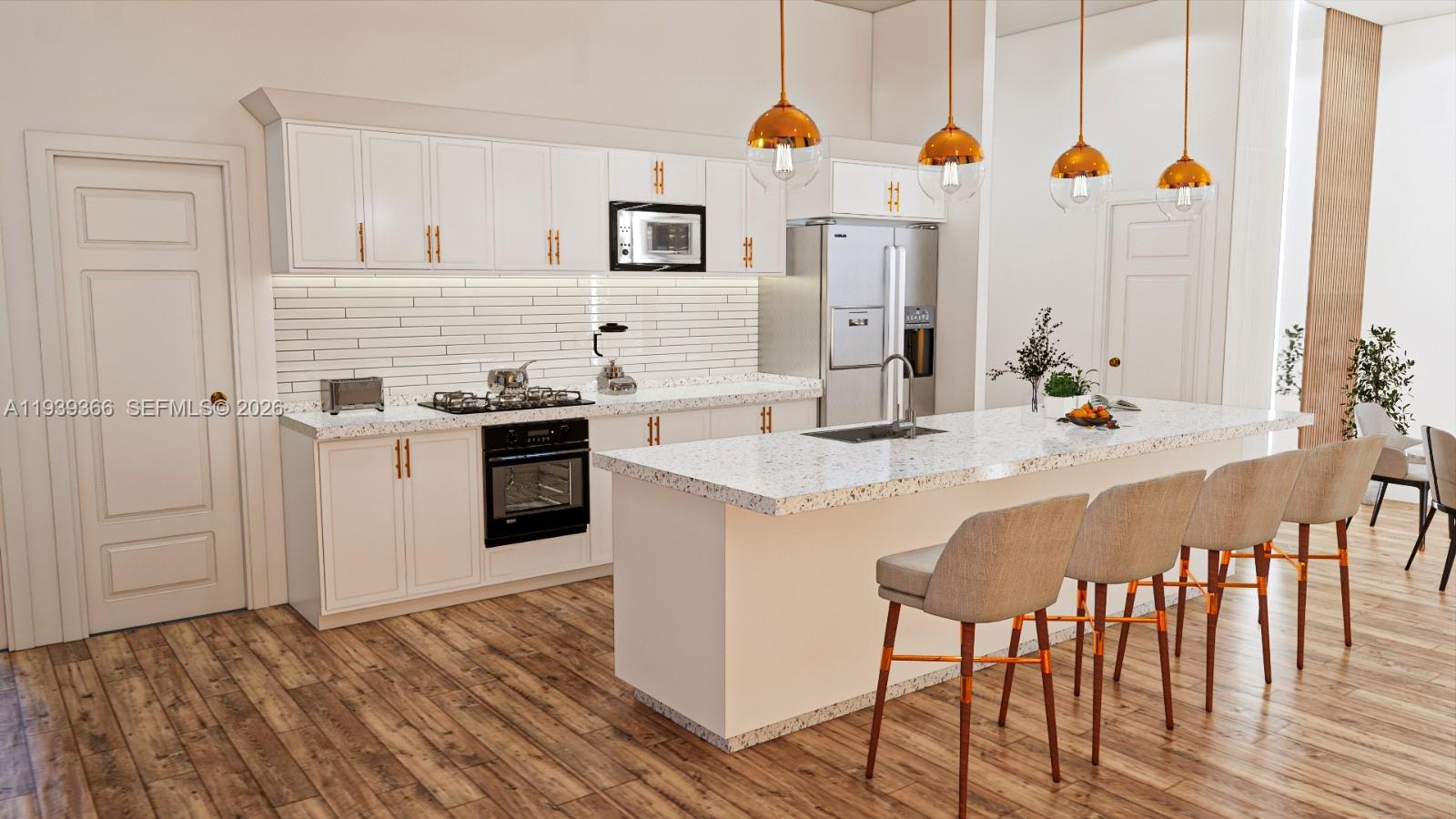 This is a rendering of a modern kitchen featuring white cabinetry, a speckled island, and pendant lighting — 2615 W 25, Lehigh Acres FL 33971, LEHIGH ACRES, FL