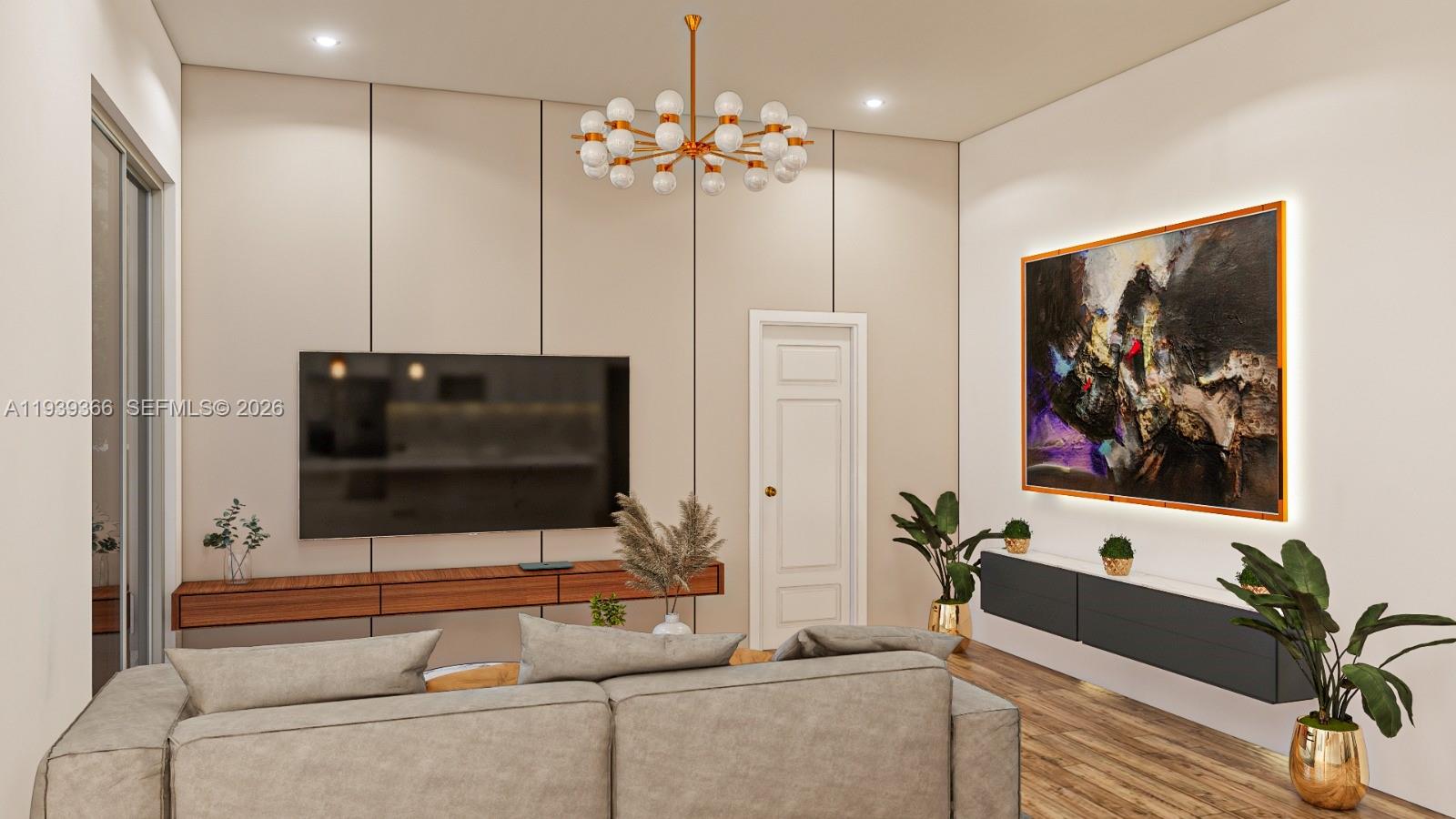 This is a rendering of a modern living room featuring a wall-mounted television and chandelier — 2615 W 25, Lehigh Acres FL 33971, LEHIGH ACRES, FL