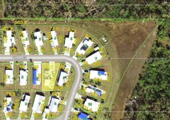 This is an aerial map showing a residential neighborhood with individual property lot lines and dimensions — 7527 SILAGE CIRCLE, PORT CHARLOTTE, FL