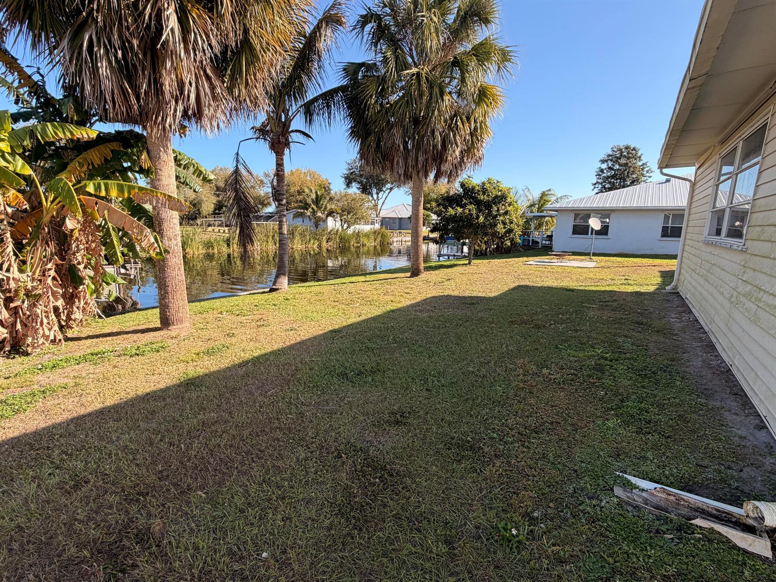 A grassy backyard features palm trees, a canal, and the side of a light-colored house — 2313 SE 30th Street, Okeechobee FL 34974, OKEECHOBEE, FL