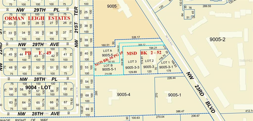 This is a land survey map showing property lot boundaries and street names — 0 NW 23RD BOULEVARD, GAINESVILLE, FL