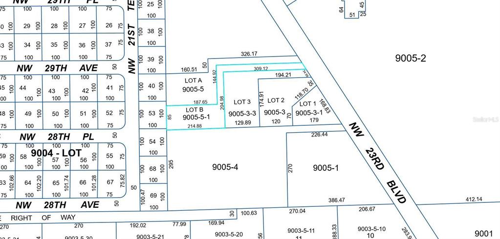 This is a land survey map showing various numbered lots and street layouts — 0 NW 23RD BOULEVARD, GAINESVILLE, FL