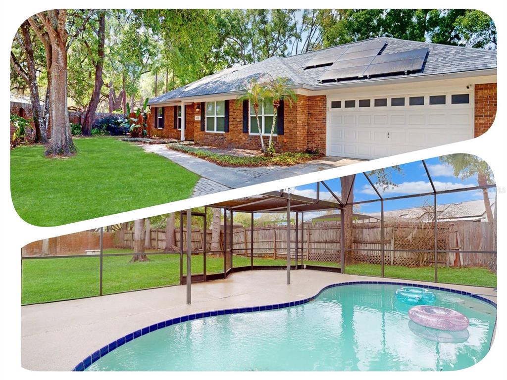 A brick house with solar panels and a screened-in pool in the backyard — 432 WILDERNESS DRIVE, LONGWOOD, FL
