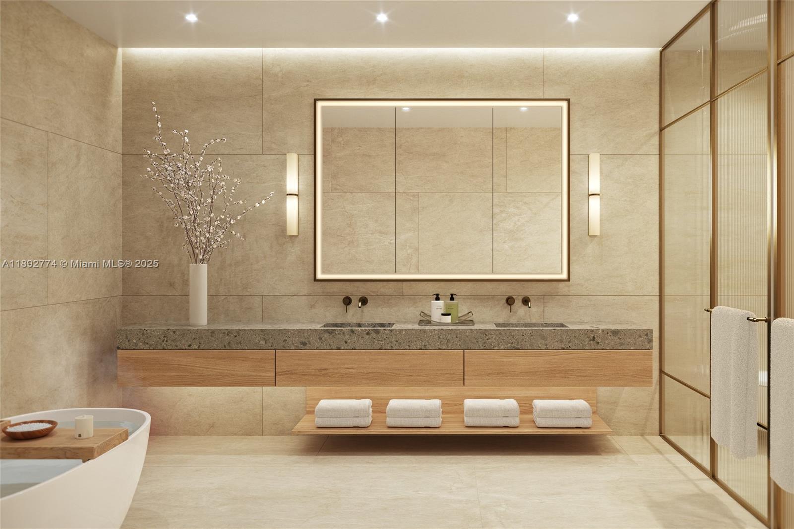 This rendering shows a modern bathroom with a double vanity, stone countertop, and wood cabinetry — 501 Diplomat Parkway # D, Hallandale Beach FL 33009, HALLANDALE BEACH, FL