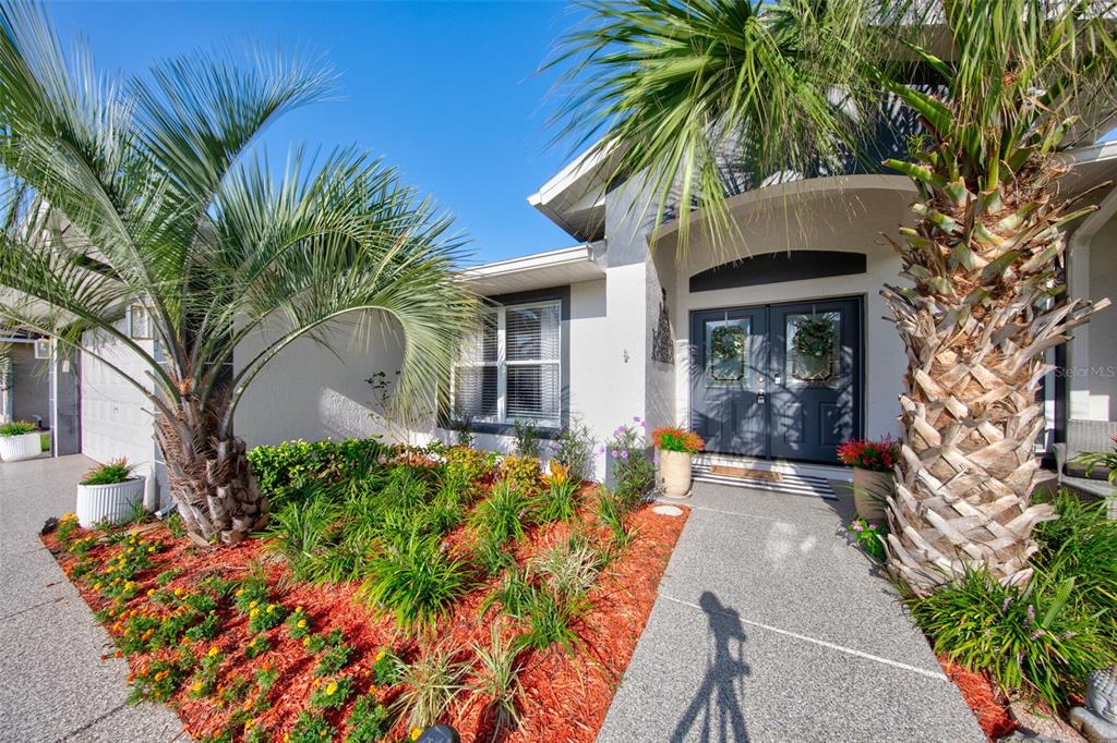 The exterior of a home features a palm tree, a landscaped garden, and double front doors — 11117 TWOSOME DRIVE, SAN ANTONIO, FL