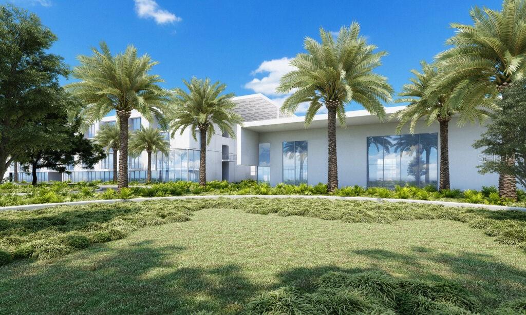 A digital rendering shows the exterior of a modern building surrounded by palm trees and landscaping — 2170 ROBINHOOD STREET UNIT A1-301, SARASOTA, FL