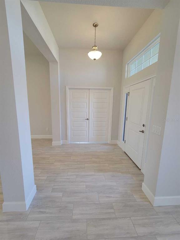 A bright entryway features light-colored wood-look tile flooring, a pendant light, and double doors — 13154 SW 70TH LANE, OCALA, FL