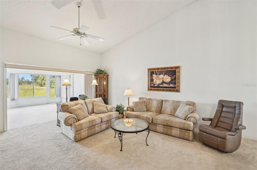 A living room features beige carpet, two plaid sofas, a recliner, and a glass coffee table — 2315 NEW ORCHARD COURT, SUN CITY CENTER, FL