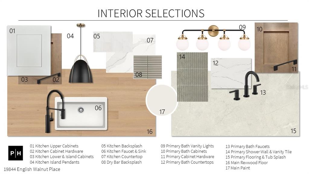 This interior design mood board displays samples of cabinetry, countertops, tile, lighting, and hardware finishes — 19844 ENGLISH WALNUT PLACE, BROOKSVILLE, FL