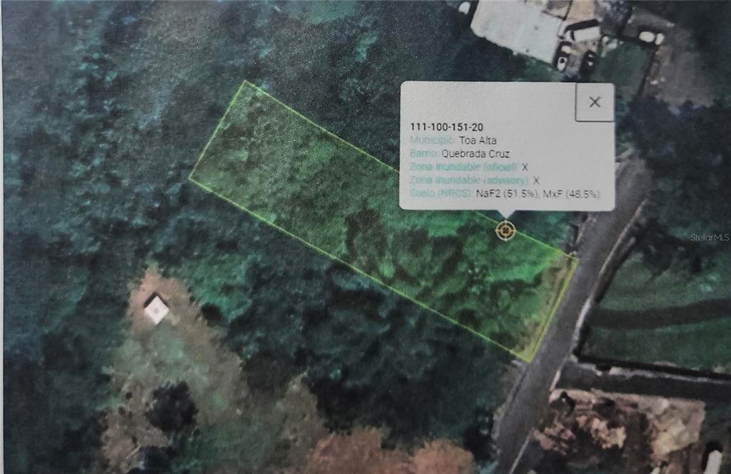 An aerial map shows a rectangular plot of land highlighted in green — BO QUEBRADA CRUZ, TOA ALTA, PR