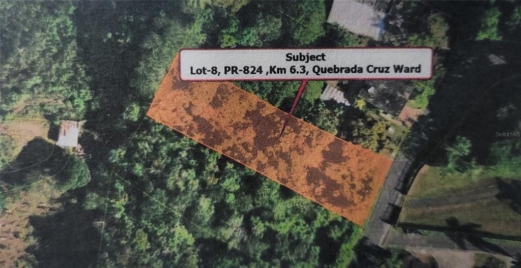 An aerial map view shows a rectangular plot of land highlighted in orange — BO QUEBRADA CRUZ, TOA ALTA, PR