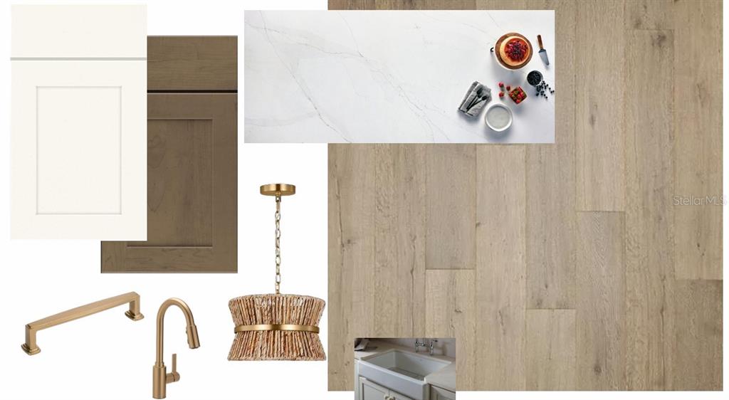 This mood board displays kitchen design elements including cabinetry, countertops, flooring, lighting, and hardware — 3303 W CORONA STREET, TAMPA, FL