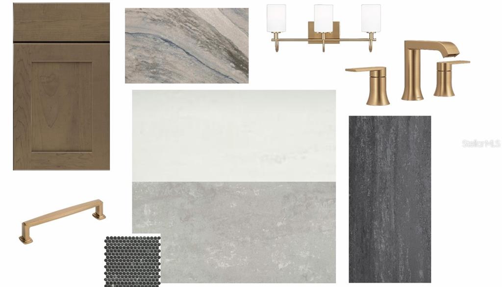 This design board displays a collection of material samples, fixtures, and finishes for a bathroom — 3303 W CORONA STREET, TAMPA, FL