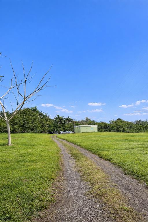 A gravel path leads through a grassy field toward a small, light-colored building — PR-306 K0 H7 PALMAREJO WARD, LAJAS, PR