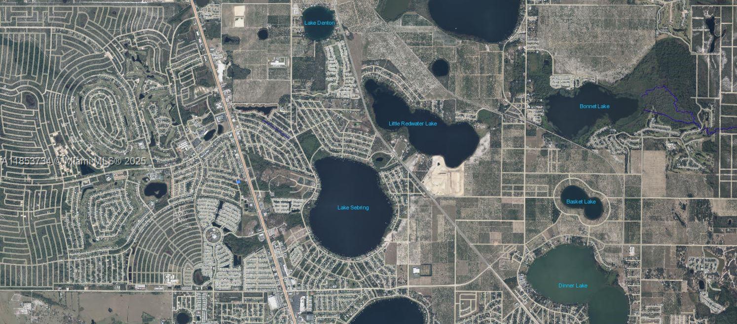 This is an aerial map showing residential neighborhoods and several lakes in a rural area — 4006 Florida, Sebring FL 33872, SEBRING, FL