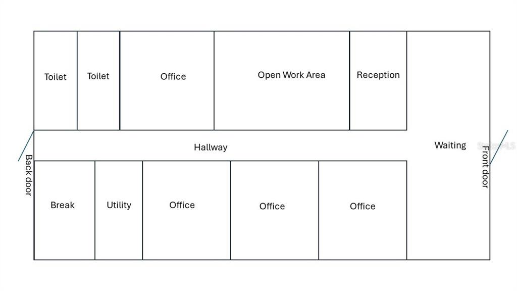 This floor plan shows a commercial office layout with a central hallway and multiple rooms — 1302 N MAIN STREET, KISSIMMEE, FL