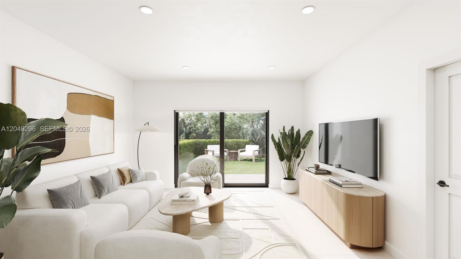 This rendering shows a modern living room with white furniture, a television, and patio access — 140 NW 164 St, Miami FL 33169, MIAMI, FL