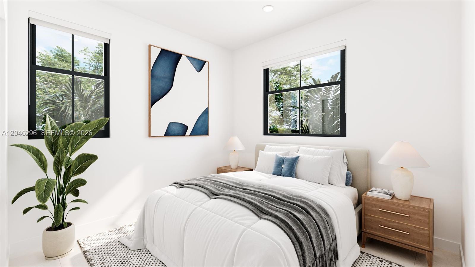 This is a rendering of a modern bedroom with white walls, two windows, and a bed — 140 NW 164 St, Miami FL 33169, MIAMI, FL