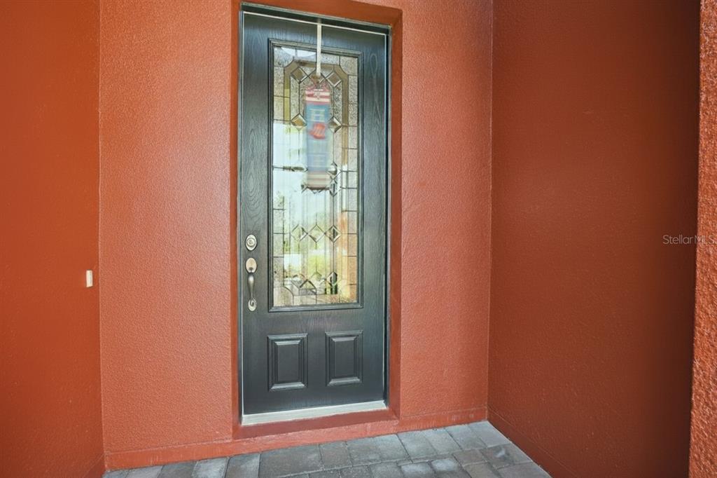 A dark-framed front door with decorative glass panels is set into a terracotta-colored wall — 806 EBB TIDE LANE, KISSIMMEE, FL