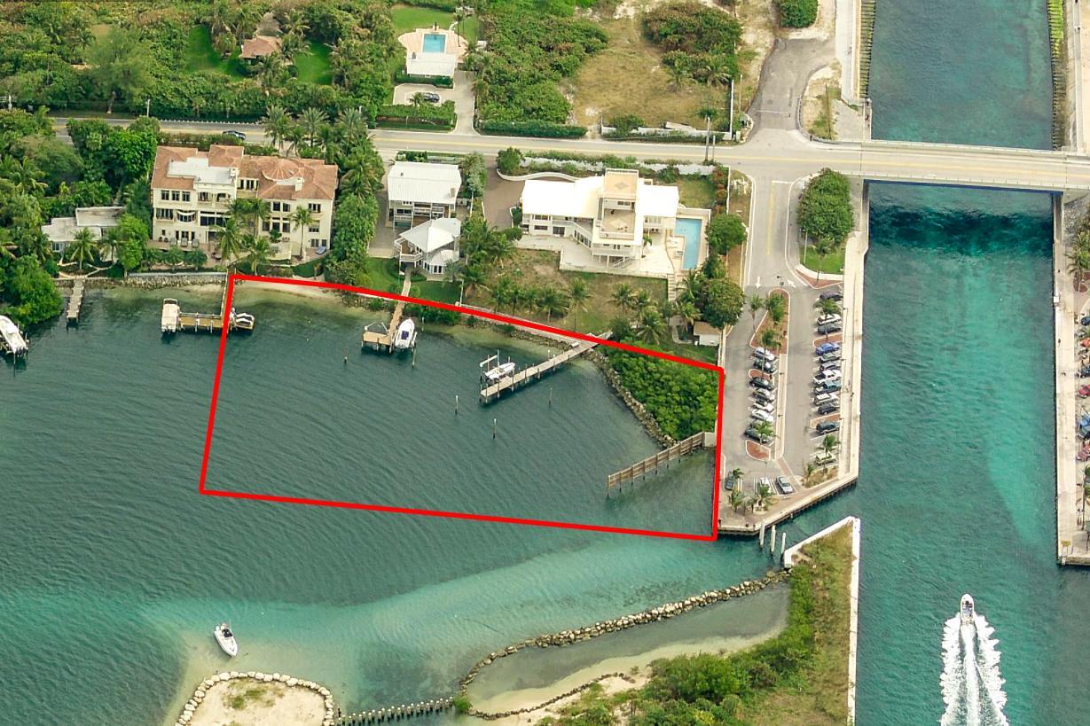 An aerial view shows a waterfront property with a private dock and a red boundary outline — 4000 S Ocean Boulevard, Manalapan FL 33462, MANALAPAN, FL
