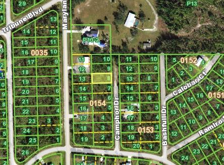This is a satellite map showing residential land parcels and street layouts in a neighborhood — 12293 CAMPHOR DRIVE, PUNTA GORDA, FL