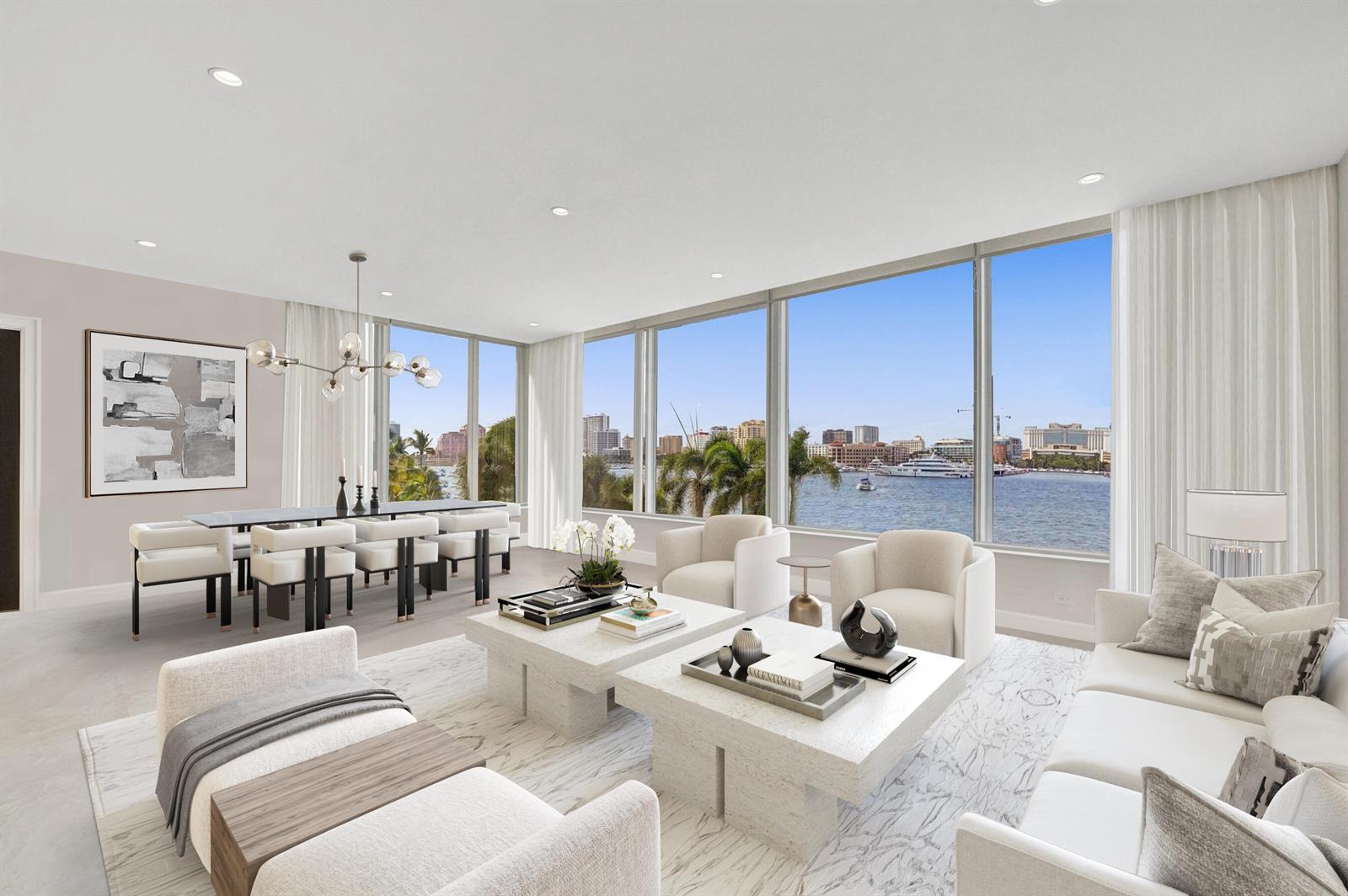 A modern living and dining area features floor-to-ceiling windows overlooking a waterfront city skyline — 44 Cocoanut Row, Palm Beach FL 33480, PALM BEACH, FL