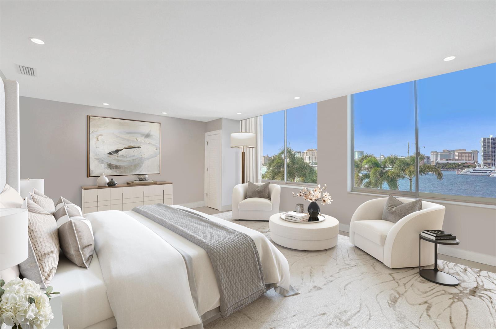 A modern bedroom features a king bed, two armchairs, and floor-to-ceiling windows overlooking water — 44 Cocoanut Row, Palm Beach FL 33480, PALM BEACH, FL