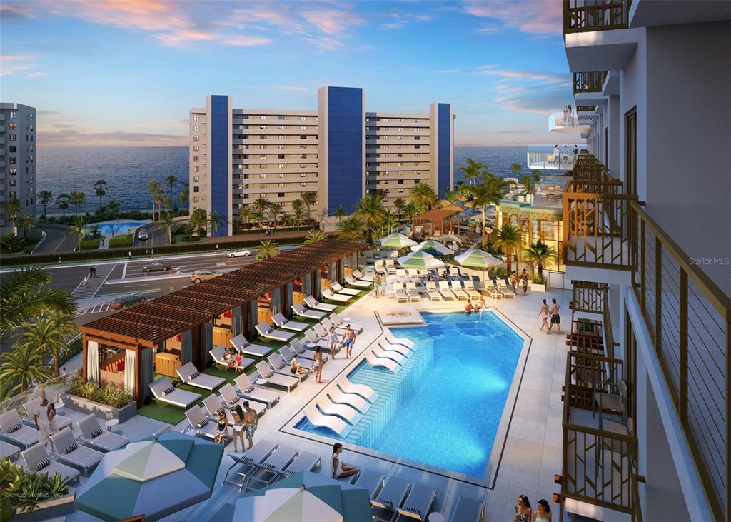This rendering shows a resort-style swimming pool area with lounge chairs and a nearby building — 15000 MADEIRA WAY UNIT 643, MADEIRA BEACH, FL