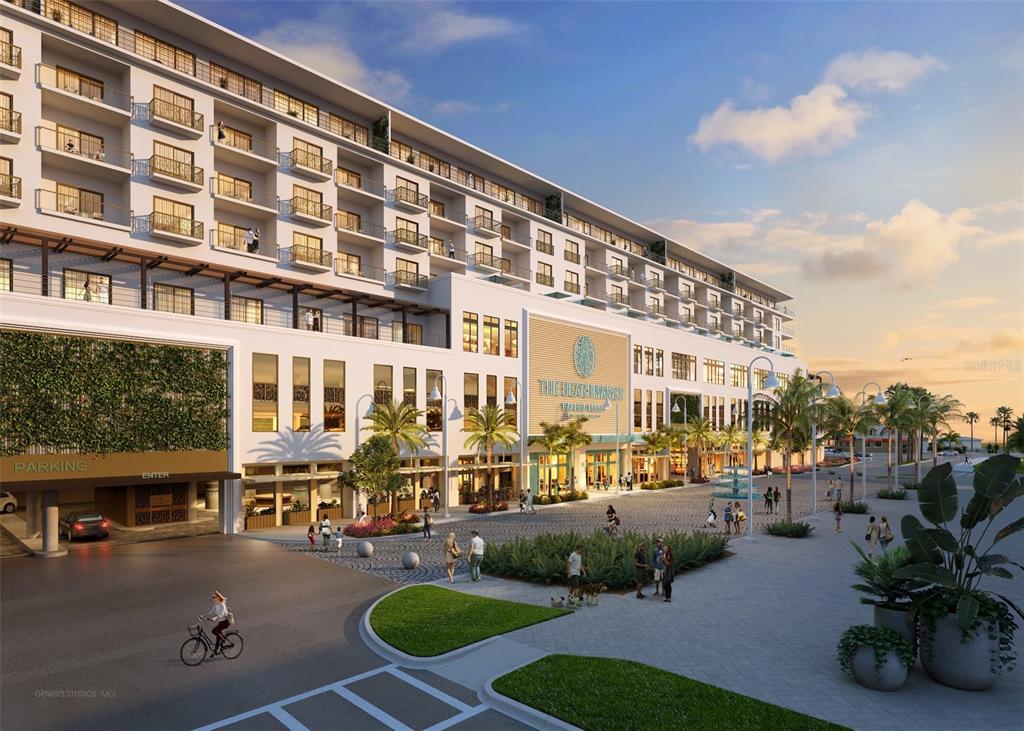 This is a digital rendering of a modern multi-story apartment building with ground-level retail space — 15000 MADEIRA WAY UNIT 643, MADEIRA BEACH, FL