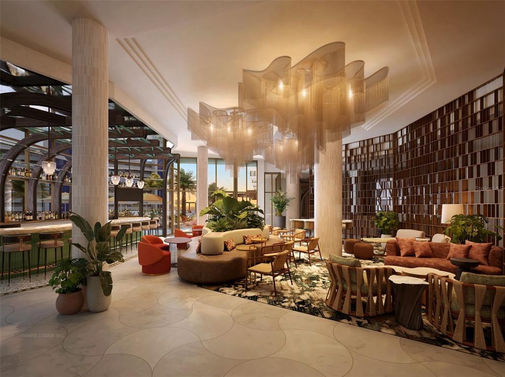 This rendering shows a modern hotel lobby with a large sculptural chandelier and lounge seating — 15000 MADEIRA WAY UNIT 643, MADEIRA BEACH, FL