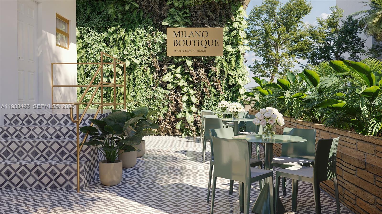 This is a rendering of an outdoor patio featuring patterned tile, tables, and a green wall — 829 4th St # 1, Miami Beach FL 33139, MIAMI BEACH, FL