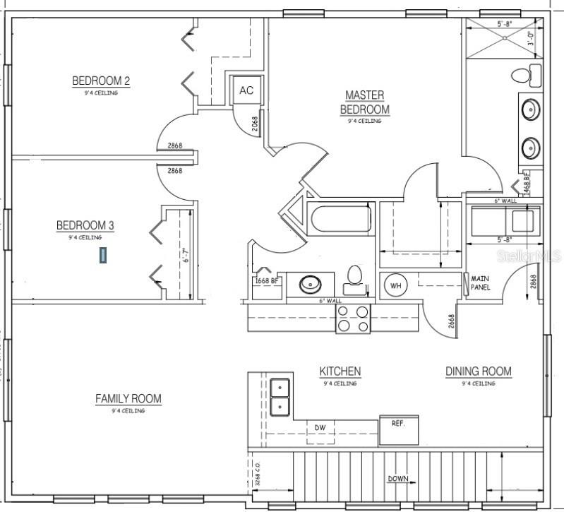 This floor plan shows a three-bedroom home with an open-concept kitchen, dining, and family room — 3611 PHILLIPS STREET, TAMPA, FL