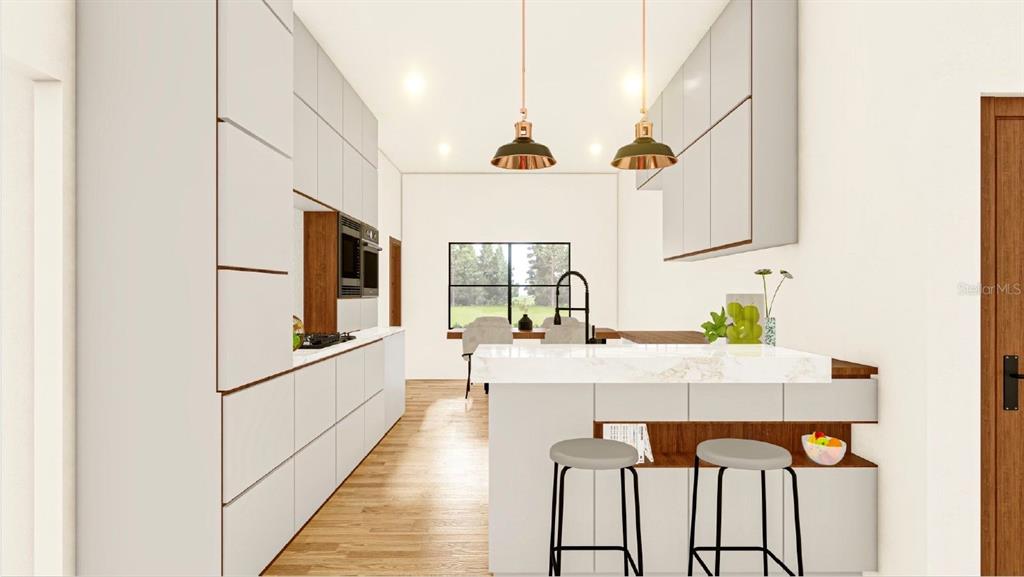 A rendering of a modern kitchen featuring light gray cabinetry, a marble-topped island, and barstools — 3611 PHILLIPS STREET, TAMPA, FL