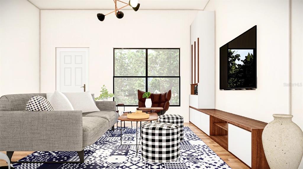 This rendering shows a modern living room with a gray sofa, patterned rug, and television — 3611 PHILLIPS STREET, TAMPA, FL