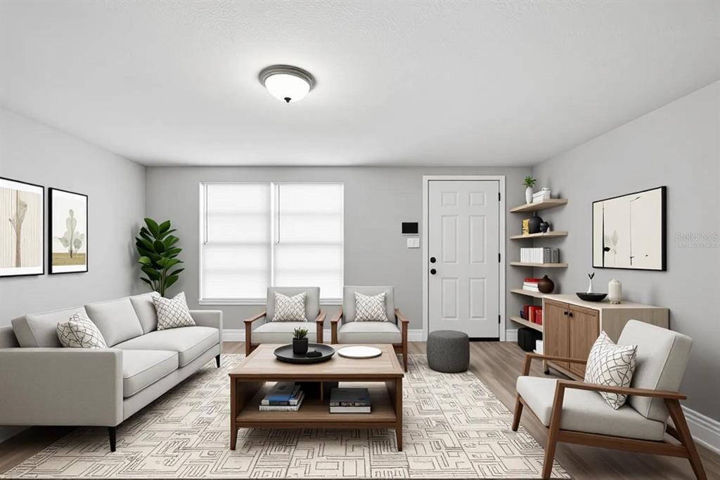 This is a virtual rendering of a living room with light gray walls and wood flooring — 7617 JASMINE BOULEVARD, PORT RICHEY, FL