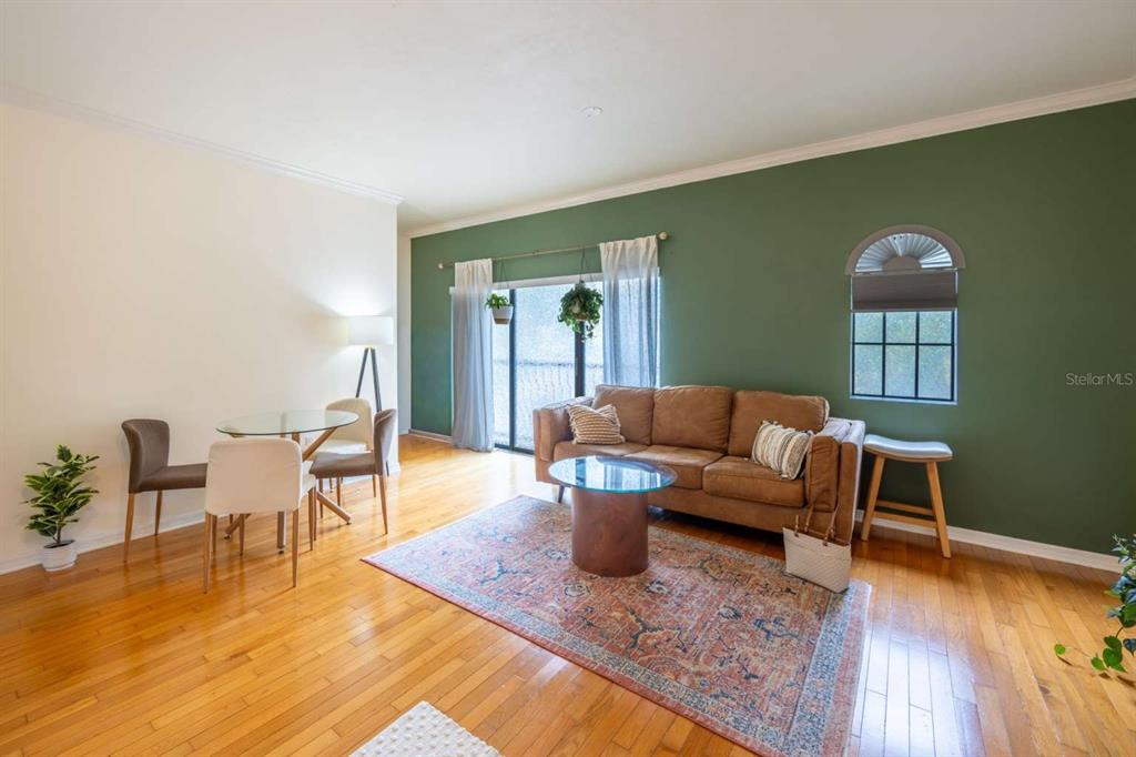 A living room features hardwood floors, a brown sofa, a glass coffee table, and green walls — 20 SW 6TH STREET UNIT 211, GAINESVILLE, FL