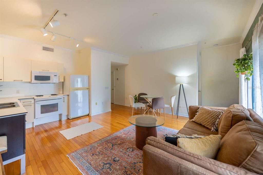 An open-concept living area features a kitchen with white cabinets, hardwood floors, and a sofa — 20 SW 6TH STREET UNIT 211, GAINESVILLE, FL