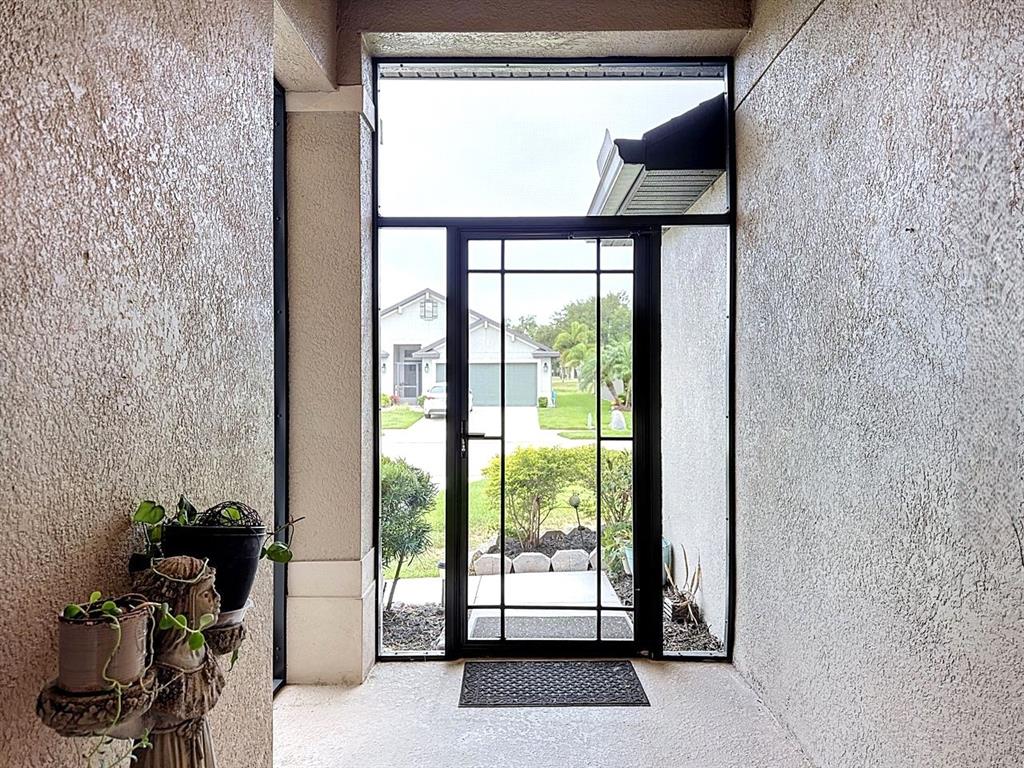 A view from a covered entryway looking through a black-framed glass storm door — 9210 52ND AVENUE E, PALMETTO, FL