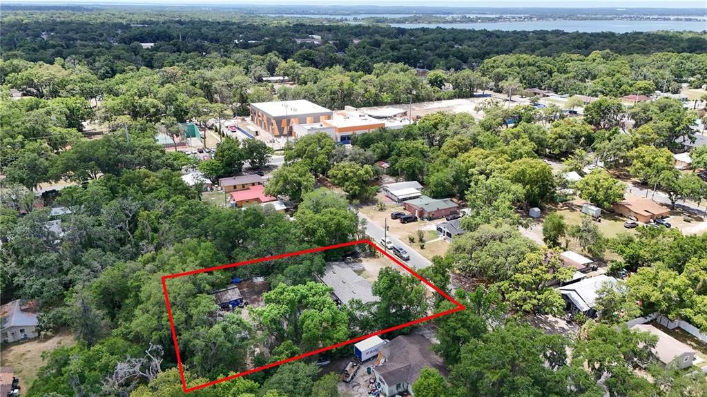 An aerial view shows a residential lot outlined in red, featuring a house and trees — 1400 N SIMPSON STREET, MOUNT DORA, FL