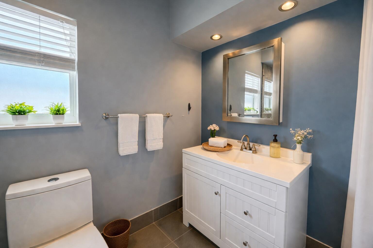 A bathroom features a white vanity, a mirror, a toilet, and blue-painted walls — 1827 Len Drive, North Palm Beach FL 33408, NORTH PALM BEACH, FL