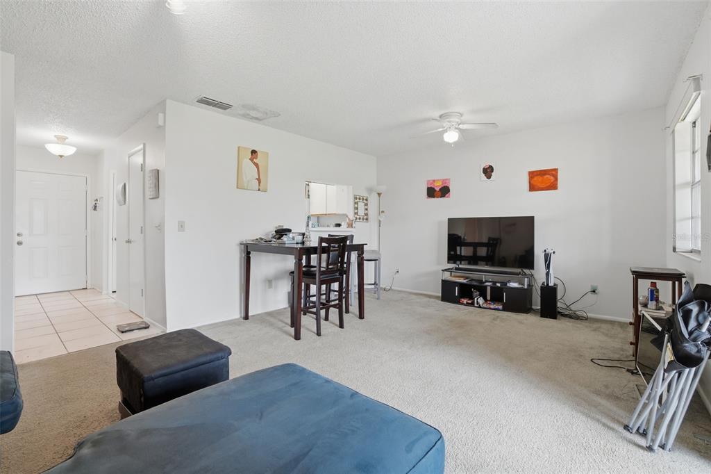 A living room with beige carpet, white walls, a television, and a dining table — 2025 WATERLEAF STREET, ORLANDO, FL