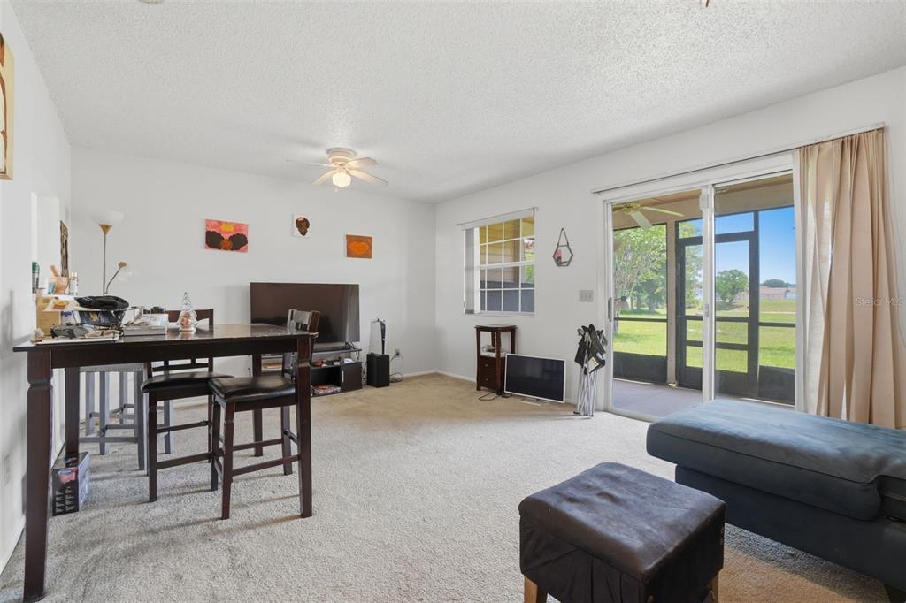 A living room with beige carpet, a dining table, a television, and a sliding glass door — 2025 WATERLEAF STREET, ORLANDO, FL