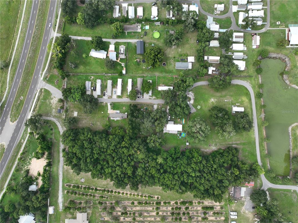 Aerial view of a residential property with multiple structures, trees, and a nearby pond — 37351 CARRINGER ROAD, DADE CITY, FL